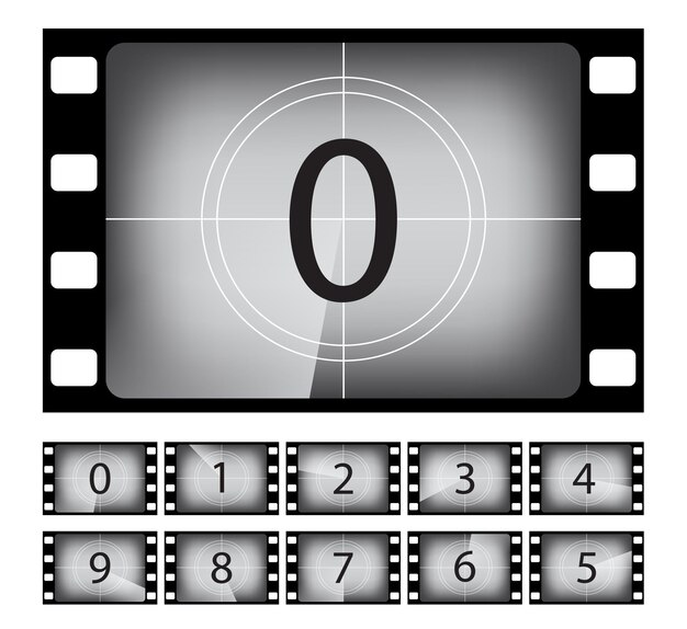 Old movie countdown frame illustrations set Retro vintage cinematography black and white silent film numbers in film strip border isolated design element