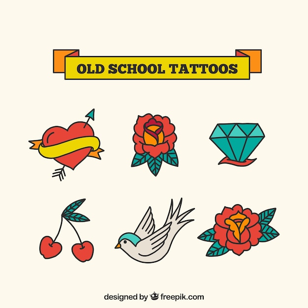 Free Vector old school coloured tattoo collection