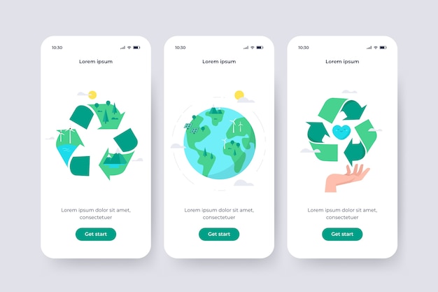 無料Vector リサイクルテーマのオンボーディングアプリ画面