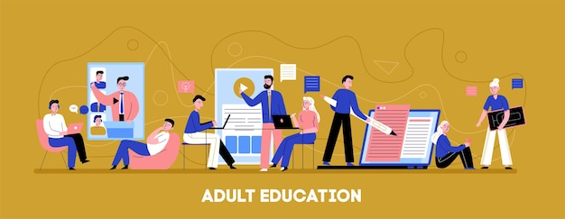 Free Vector online adult education flat horizontal background banner with individual audio video training level tempo coaching