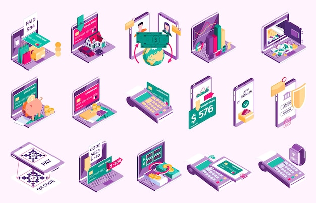 Free vector online banking set with shopping and payment symbols isometric isolated vector illustration