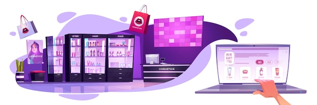 Free vector online beauty stores banner. concept of ecommerce, mobile shopping in internet. vector cartoon illustration of cosmetic salon interior and online shop on laptop screen