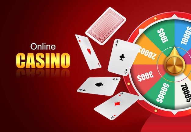 Free Vector online casino lettering, wheel of fortune and flying playing cards.