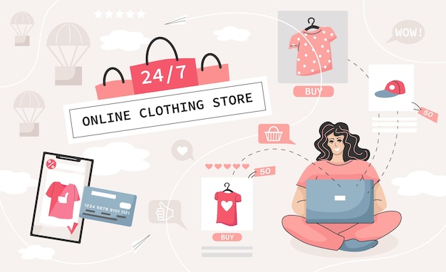 Online clothes store collage with internet payment symbols flat vector illustration