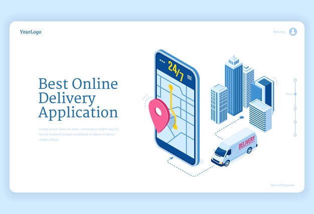 Online delivery application isometric landing page.