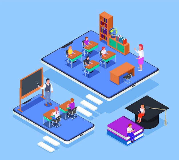 Free vector online education isometric concept with 3d electronic gadgets and classes with children and teachers illustration