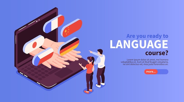 Free Vector online language courses website with country flags popping out laptop screen isometric banner