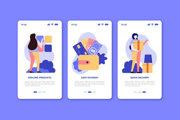 Online purchase onboarding app screens