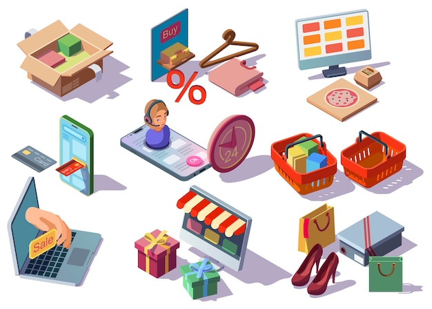 Online shopping, internet shop isometric icons collection with goods