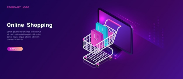 Free vector online shopping isometric concept, shopping cart