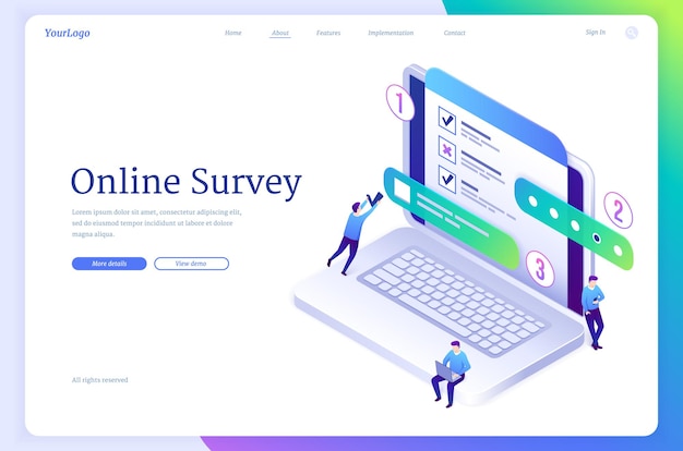 Online survey isometric landing page tiny people fill online form on huge laptop with test quiz or e...