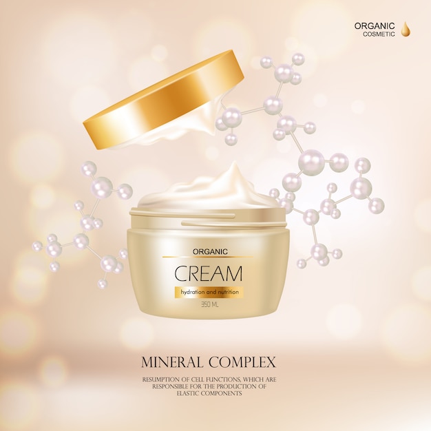 Free Vector organic cosmetic concept with cream container and gold cover for advertisement in fashion magazine r