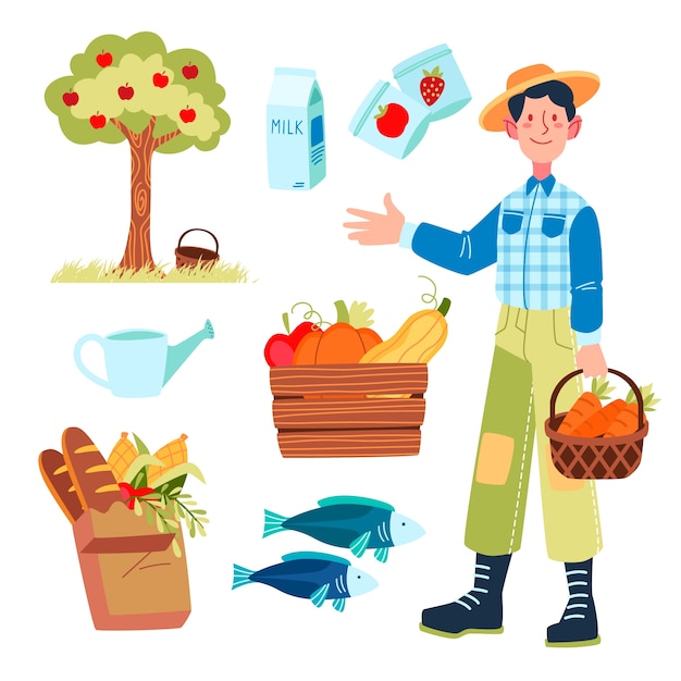 Free Vector organic farming concept with farmer holding basket