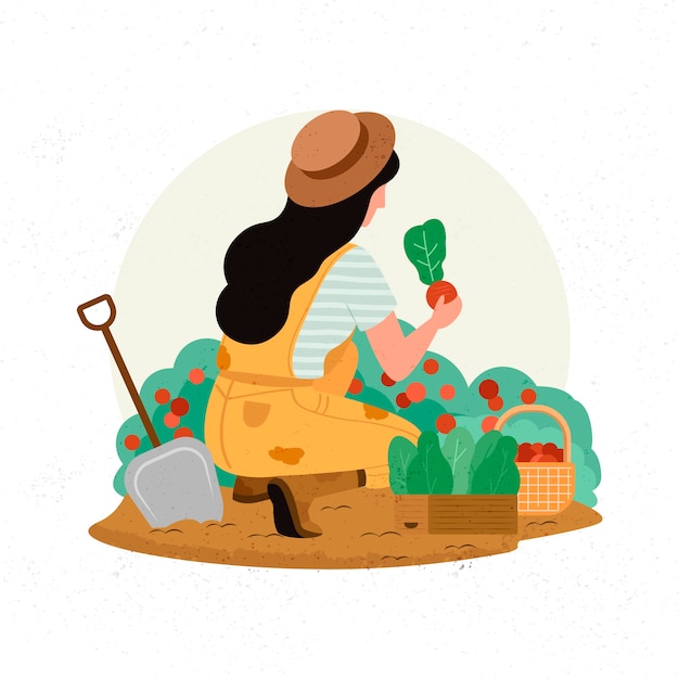 Organic farming concept with woman and crops