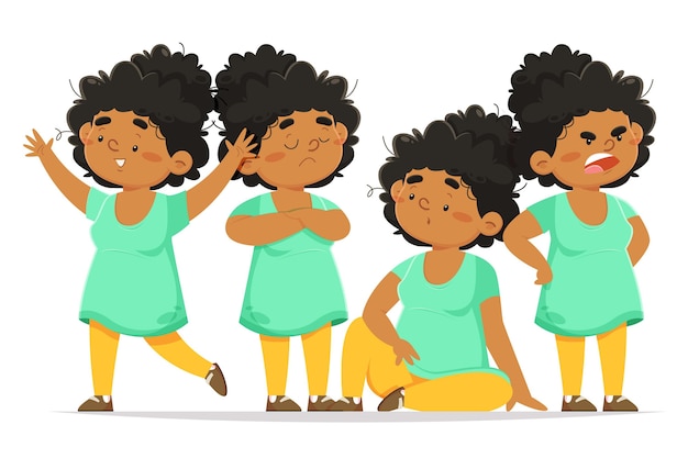 Organic flat black girl in different poses pack