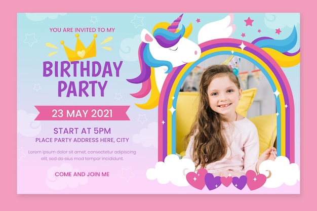 Free Vector organic flat unicorn birthday invitation