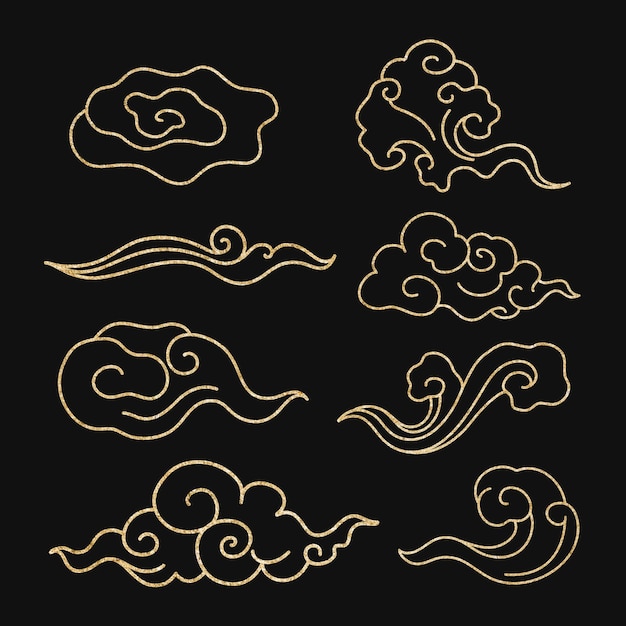 Oriental cloud sticker, gold Japanese design clipart vector collection