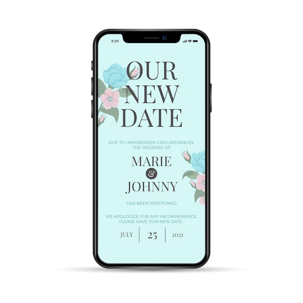 Free vector our new date postponed wedding phone app