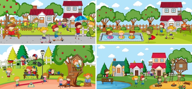 Free Vector outdoor scene set with many kids doodle cartoon character