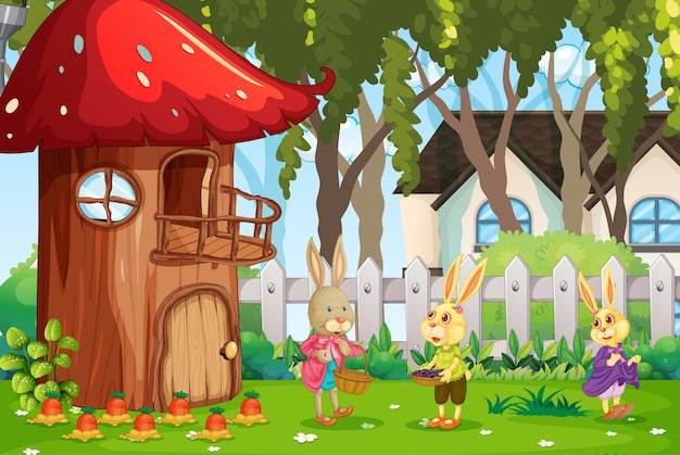 Outdoor scene with happy rabbit family in the garden