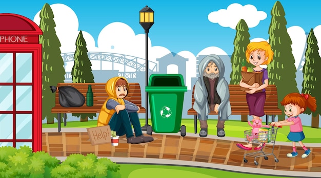 Outdoor scene with homeless people