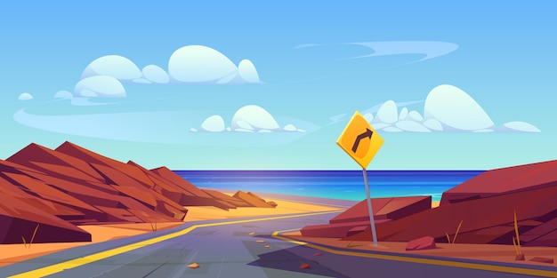 Free vector outdoor vector road trip to sea coast landscape background rock nature winding rocky pathway to ocean water stunning empty valley with sand ground in summer cloudy empty asphalt route illustration