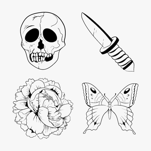 Free Vector outline black and white old school flash tattoo design vector set