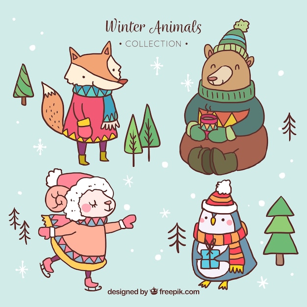 Free Vector pack of animals with hand-drawn winter clothes