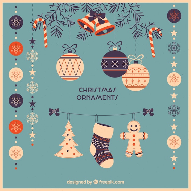 Free Vector pack of beautiful retro christmas ornaments in flat design