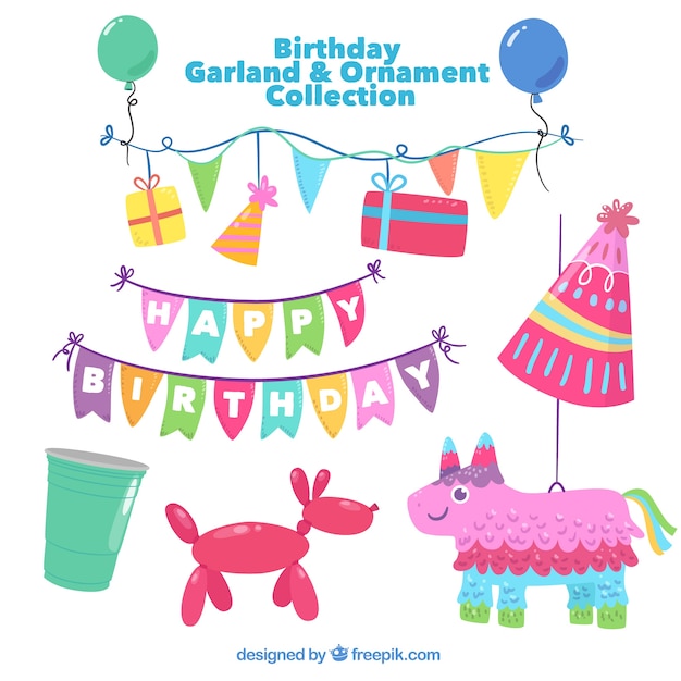 Free Vector pack of birthday ornaments and pignata