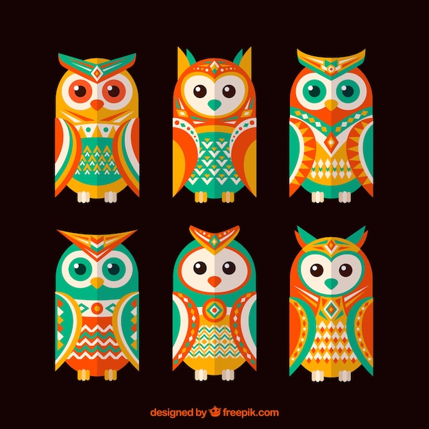 Free Vector pack of colorful ethnic owls in flat design