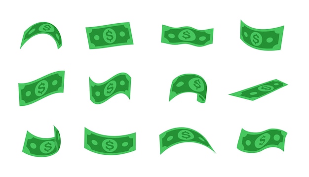 Free Vector pack of flying american cash dollars on white background. usd currency money rain cartoon vector illustration set. bingo prize or jackpot win, banking, finance, investment concept