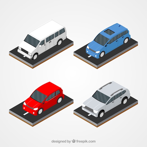 Free Vector pack of four colored vehicles in isometric design