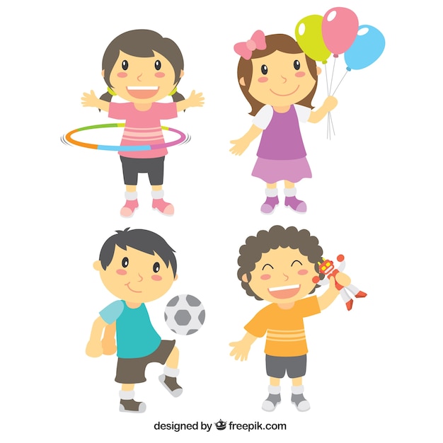 Free Vector pack of four cute kids playing