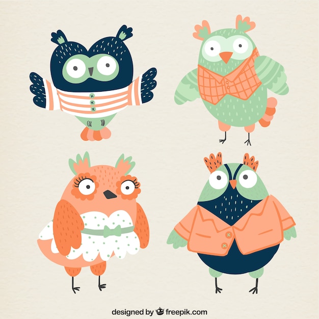 Free Vector pack of four owls with hand drawn clothes 