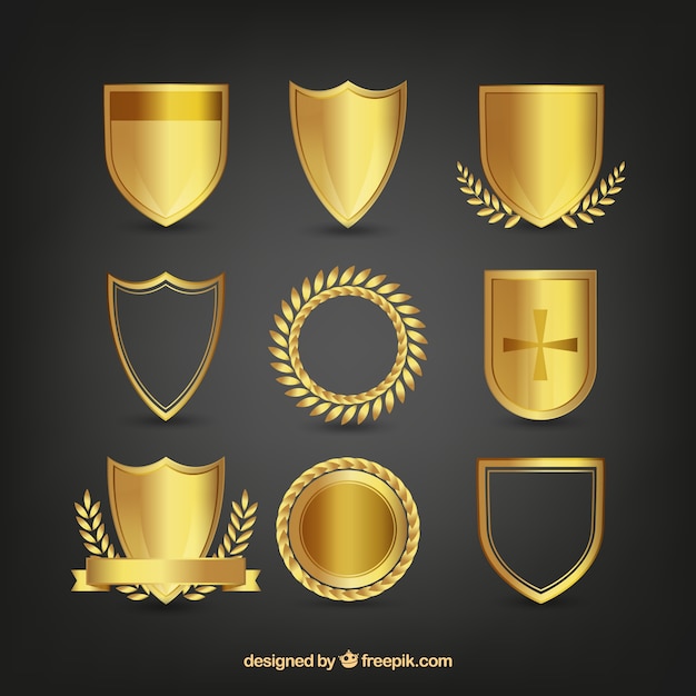 Free Vector pack of golden shields with ornaments