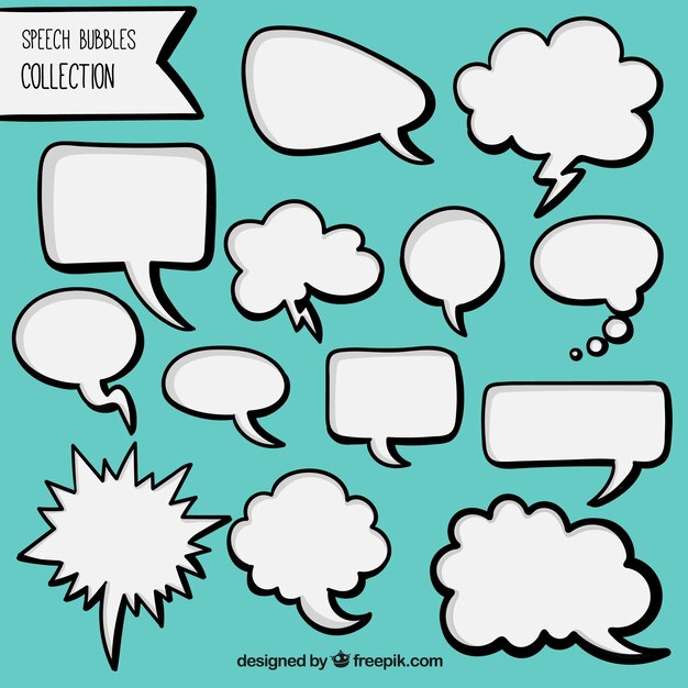 Pack of hand drawn white comic speech bubbles