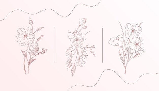 Free Vector pack of line art elegant flower and leaves design banner