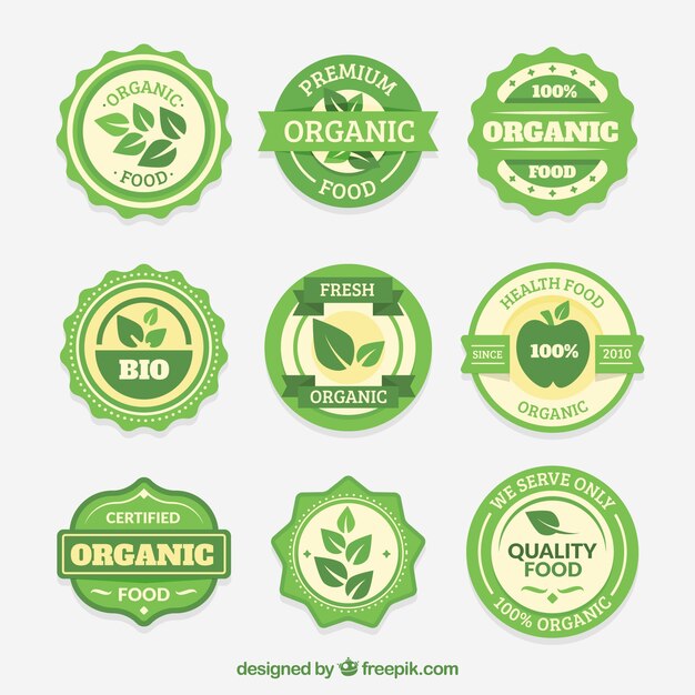 Pack of nine round organic food stickers