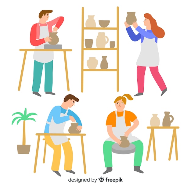 Free Vector pack of people making pottery flat design