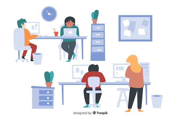 Free Vector pack of people working at their desks illustrated