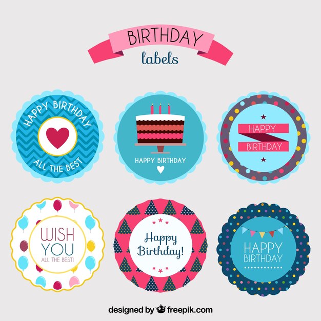 Pack of six birthday stickers in flat design