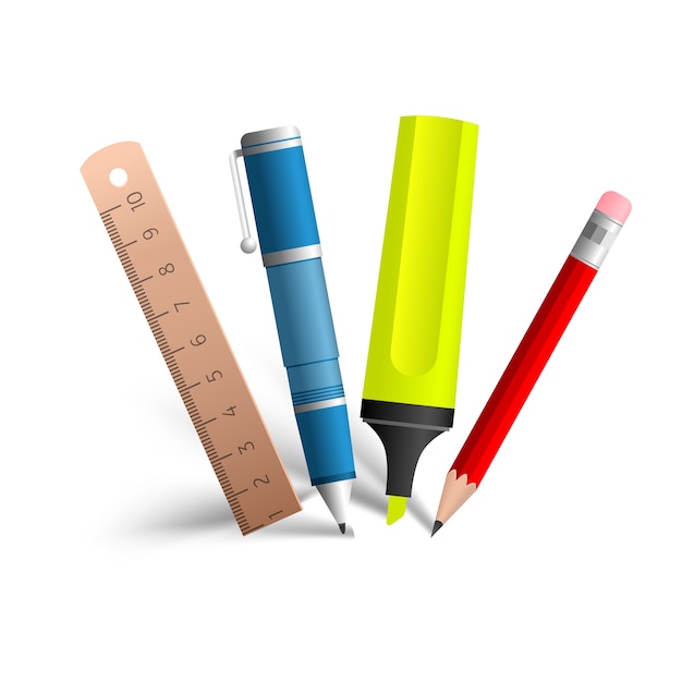 Free Vector paint and writing tools collection consisting of blue pen, red pencil, yellow marker and wooden line on the white 