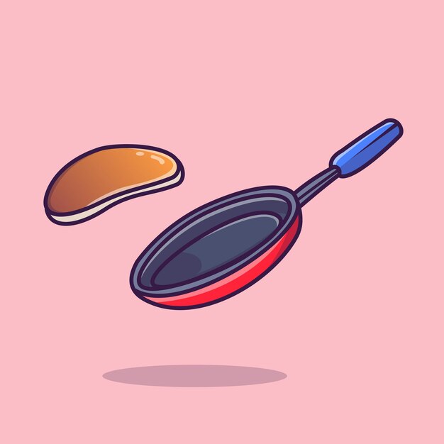 Pancake Floating With Pan Cartoon Vector Icon Illustration. Food Object Icon Concept Isolated Premium Vector. Flat Cartoon Style