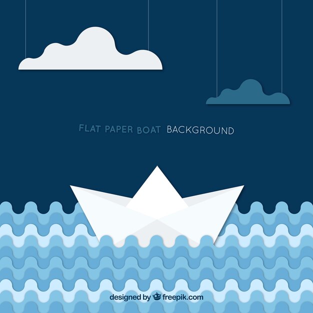 Paper boats background with geometric waves and clouds