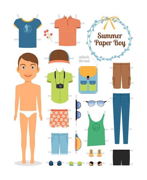 Paper doll boy in summer clothes and shoes. Cute dress up paper doll. Body template, outfit and accessories. Summer collection