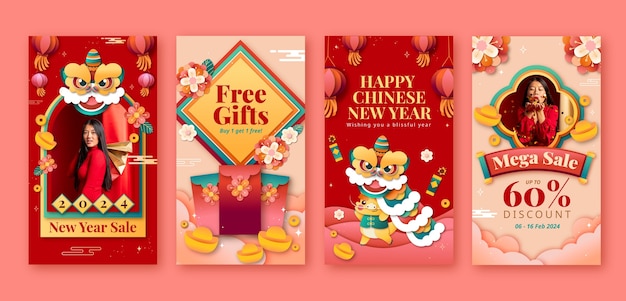 Free Vector paper style instagram stories collection for chinese new year festival