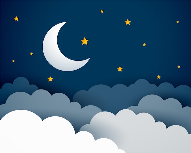 Free Vector papercut style half moon and star background with clouds design