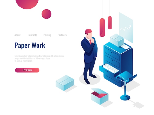 Free Vector paperwork isometric icon, man thought parses documents, planning and business analytics