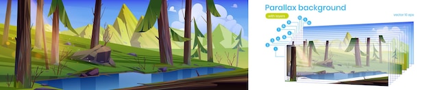 Free Vector parallax background coniferous forest with lake